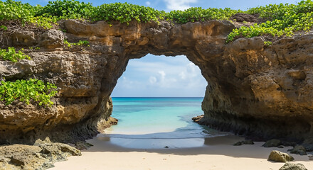 Verdant Rock Archway Frames a Pristine Secluded White Sand Beach with Crystal Clear Turquoise Ocean Waters