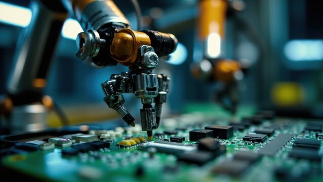 Close-up of a robotic arm in an electronics factory assembling a printed circuit board with microchips and other components against a blurred industrial background.