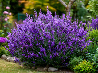 Fototapeta premium Vibrant lavender shrub in full bloom with lush purple flowers and green foliage.