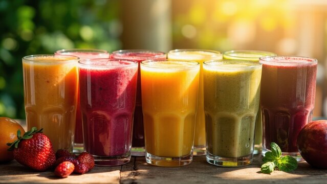 A variety of freshly made colorful fruit and vegetable smoothies in glasses on a rustic wooden table with fresh fruits in a sunny outdoor setting with a blurred background. - Powered by Adobe