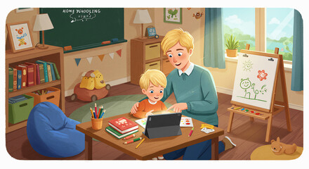 Father and Son Engaging in Home Schooling Activities.