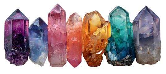 set / collection of colorful spiritual healing crystals isolated over a transparent background, purple, magenta, teal, orange, grey, quartz meditation, zen semi-precious gemstones,