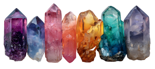 set / collection of colorful spiritual healing crystals isolated over a transparent background, purple, magenta, teal, orange, grey, quartz meditation, zen semi-precious gemstones,