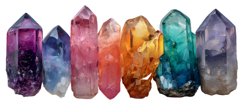 set / collection of colorful spiritual healing crystals isolated over a transparent background, purple, magenta, teal, orange, grey, quartz meditation, zen semi-precious gemstones,