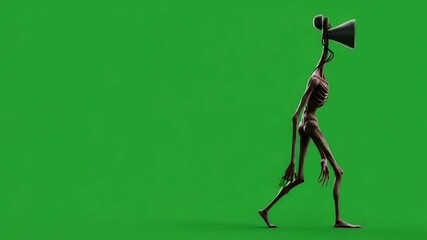 Stylized horror siren head 3D model moving on chroma green screen background