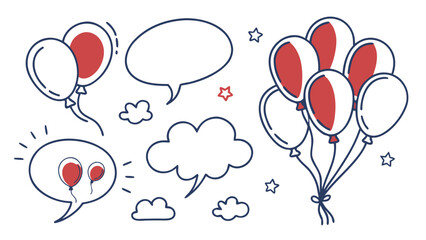 Hand drawn balloons and speech bubbles with stars and clouds on a white background doodle style vector art