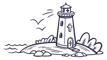 Illustration of a lighthouse on an island with birds and waves in black and white outline style