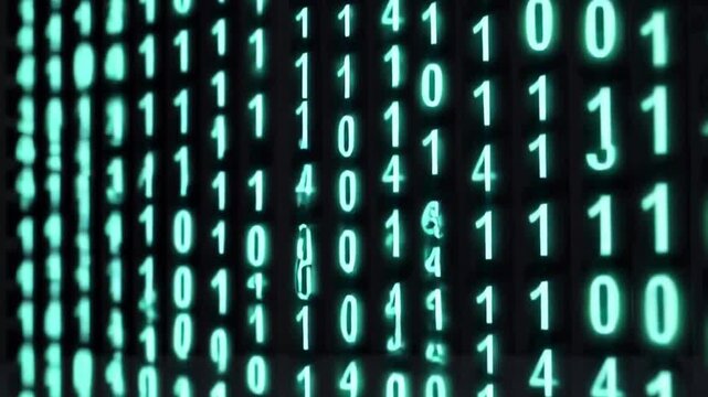 teal binary code stream in digital matrix background