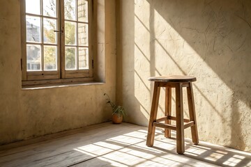 Rustic Wooden Stool in Sunlit Room with Textured Wall