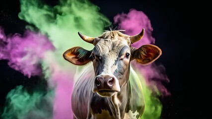Cow in colorful powder explosion - Powered by Adobe