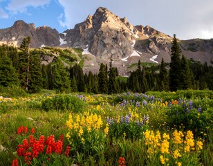 Naklejka premium Mountain meadow bursting with wildflowers