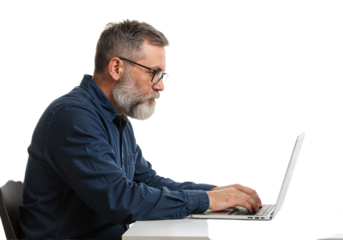 Professional bearded man with glasses diligently engaged in typing on a laptop, showcasing focused work or online activity with concentration