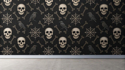 Halloween themed wallpaper with skulls crows spiderwebs and bones spooky gothic background for october decor