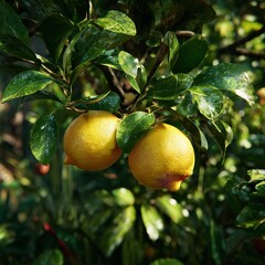 Fresh Lemons Hanging on a Branch with Lush Green Leaves in the Orchard Sunlight