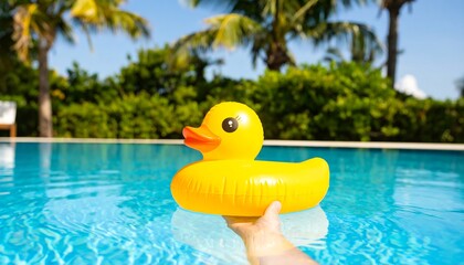 A vibrant yellow rubber duck floats on the azure water of a resort pool, bathed in bright sunlight.