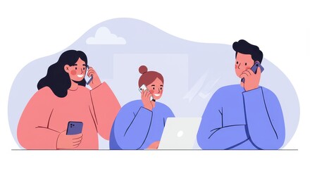 Fototapeta premium Connected Conversations: A group of individuals are engaged in telephone conversations. A laptop and a tablet are nearby, but the focus is on each person's phone dialogue and the connectivity. 