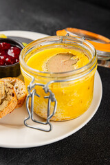 Foie gras goose liver appetizer delicacy fresh delicious gourmet food background on the table rustic food top view copy space