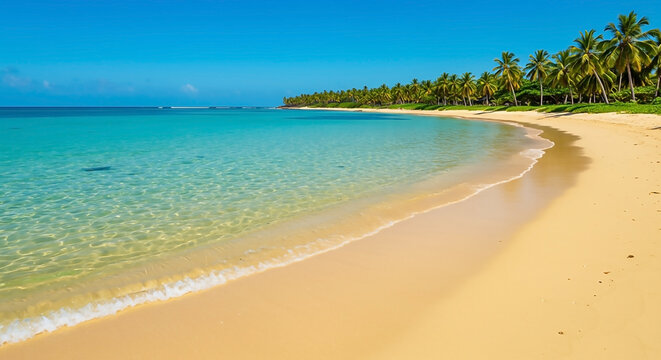 Wide Tropical Beach with Golden Sand, Turquoise Ocean, and Palm Trees Under a Sunny Azure Sky