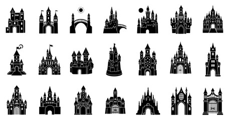 Vector art of assortment of black silhouette castle illustrations
