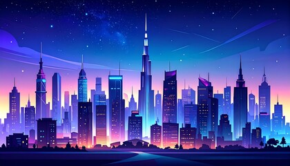 Night city skyline with vibrant neon lights
