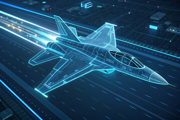 Holographic fighter jet flying over a futuristic highway with glowing light trails. Represents digital aviation, virtual simulation, and high-speed aerospace innovation in cyberpunk style.