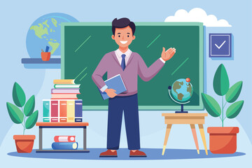 Enthusiastic Teacher in a Classroom Setting Illustration Presenting with Charm and a Welcoming Demeanor While Holding a Book
