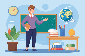 Enthusiastic Teacher in a Classroom Setting Illustration Presenting with Charm and a Welcoming Demeanor While Holding a Book