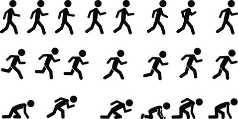Naklejka premium Walking running stick figure silhouettes, jogging icons sequence, sprinting clipart, athlete motion poses, fitness training steps, workout vector illustration, sports activity design