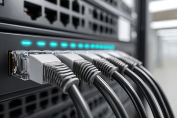 Close-up view of a server rack with multiple network cables connected to ports, showing glowing status lights.