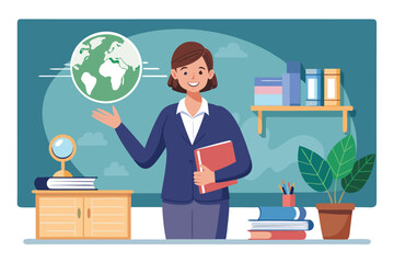 Charming Teacher in Classroom Illustration with Globe, Chalkboard, and Plants for Engaging Educational Material Presentation and Creative Design