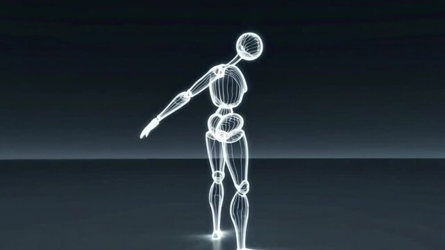 glowing wireframe human figure in dynamic poses