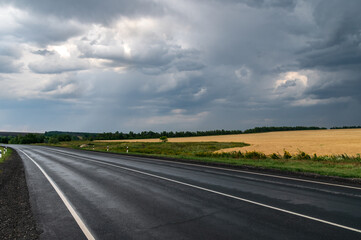 A wet asphalt road with white lane markings stretches across a flat landscape under a dark, cloudy sky.  A harvested wheat field is visible to the right, bordered by a strip of green vegetation