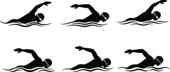 Swimmer silhouette vector set of freestyle swimming stroke poses in water with goggles, sport athlete training, fitness and competition design