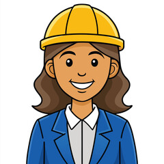 Illustrated Female Civil Engineer Smiling Confidently with Brown Hair Wearing a Yellow Hard Hat and a Blue Business Suit