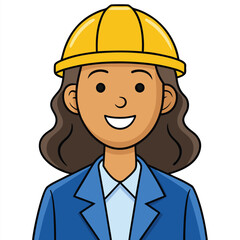 Illustrated Female Civil Engineer Smiling Confidently with Brown Hair Wearing a Yellow Hard Hat and a Blue Business Suit