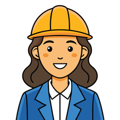 Illustrated Female Civil Engineer Smiling Confidently with Brown Hair Wearing a Yellow Hard Hat and a Blue Business Suit