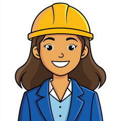 Illustrated Female Civil Engineer Smiling Confidently with Brown Hair Wearing a Yellow Hard Hat and a Blue Business Suit