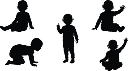 Baby toddler silhouette vector illustration, child sitting and crawling poses, cute infant activity template, childhood design graphic, playful kids movement artwork © Zahid Creatives