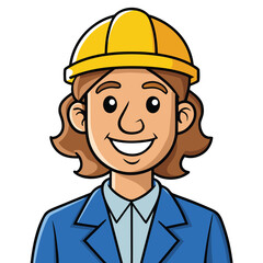 Cartoon Construction Worker Woman with Hard Hat Smiling Wearing Blue Suit Illustration Isolated on White Background Ready to Work