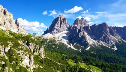 Obraz premium A breathtaking vista of towering alpine peaks, lush green valleys, and a vibrant blue sky.