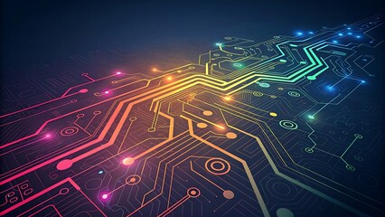 Vibrant circuit board with glowing data pathways