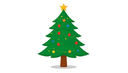 A vibrant Christmas tree, adorned with colorful ornaments and a golden star, stands out against a plain white background.