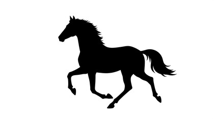 A stylized silhouette of a horse in motion against a plain white background.