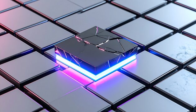 Futuristic cracked block emitting vibrant light among smooth metallic squares arrangement