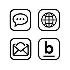Vector art of set of four black and white icons including chat, globe, email, and letter b
