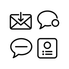 Vector art of set of four communication icons including an email with download arrow, speech bubbles, and a user profile icon