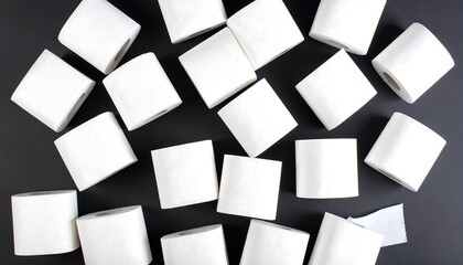 Rolled-up white toilet paper squares arranged over a dark background, creating a minimalist and geometric design.