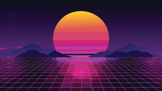 Retro wave Sunset over a Digital Grid Landscape- Neon Horizon Background