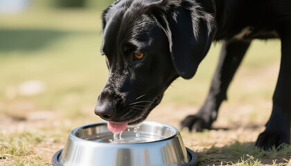 Black Labrador dog drinking water from metal bowl outdoors