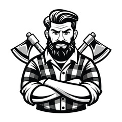 Intense Lumberjack Illustration of a Bearded Man with Crossed Arms and Axes in Black and White for a Striking Design